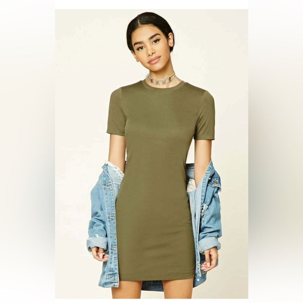Forever 21 Olive Green Ribbed Bodycon Dress Short Sleeve
